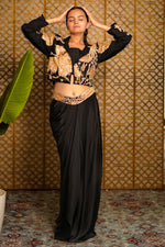 Load image into Gallery viewer, Black Crepe Dhoti Skirt With Gold Sequin Top And Inner
