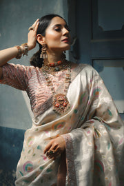 Striking Beige Color Organza Weaving Work Designer Festive Wear Saree With Fancy Blouse