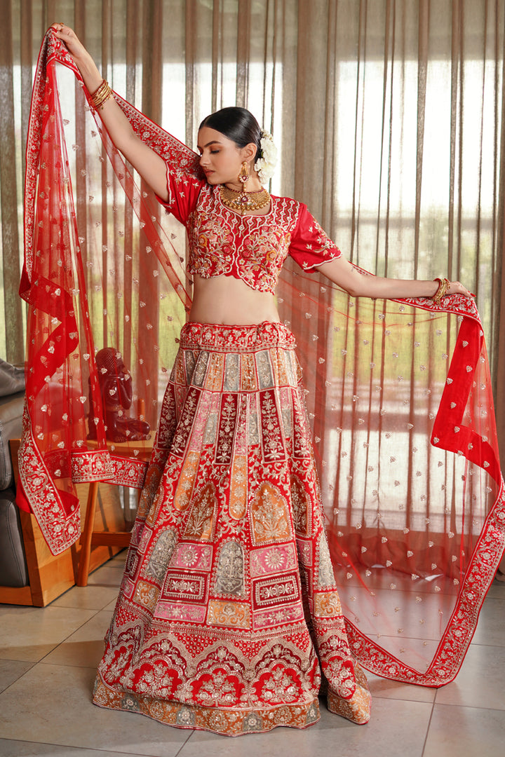 Engaging Red Color Raw Silk Fabric Designer Bridal Look Lehenga Choli With Sabya Style Blouse