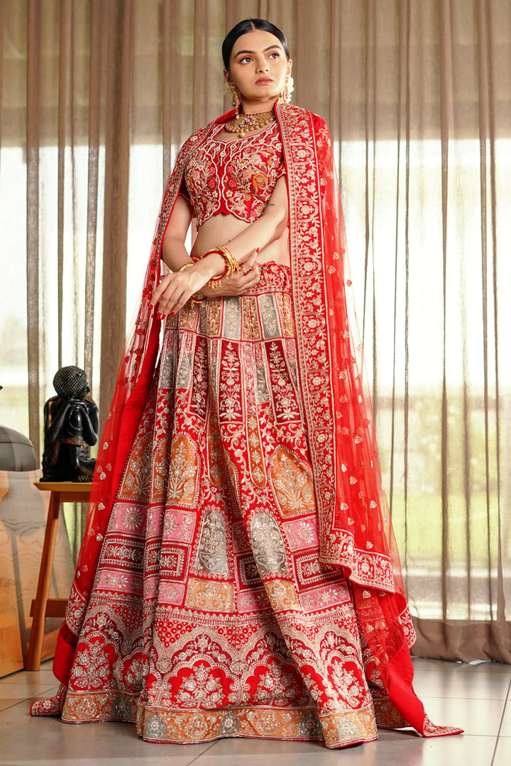 Engaging Red Color Raw Silk Fabric Designer Bridal Look Lehenga Choli With Sabya Style Blouse