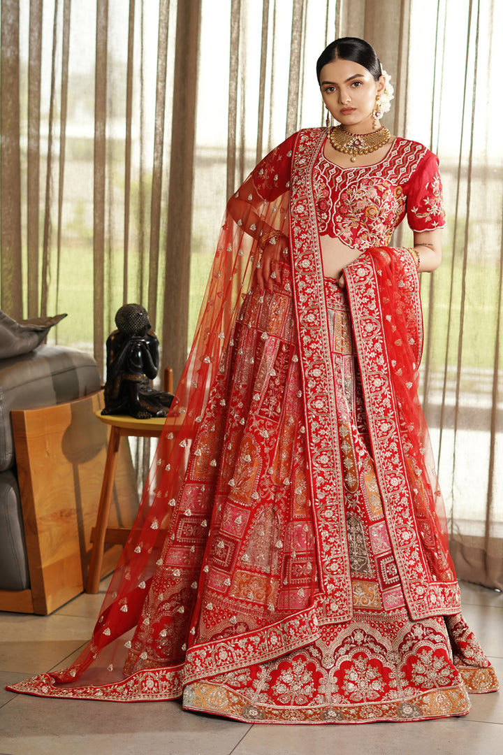 Engaging Red Color Raw Silk Fabric Designer Bridal Look Lehenga Choli With Sabya Style Blouse