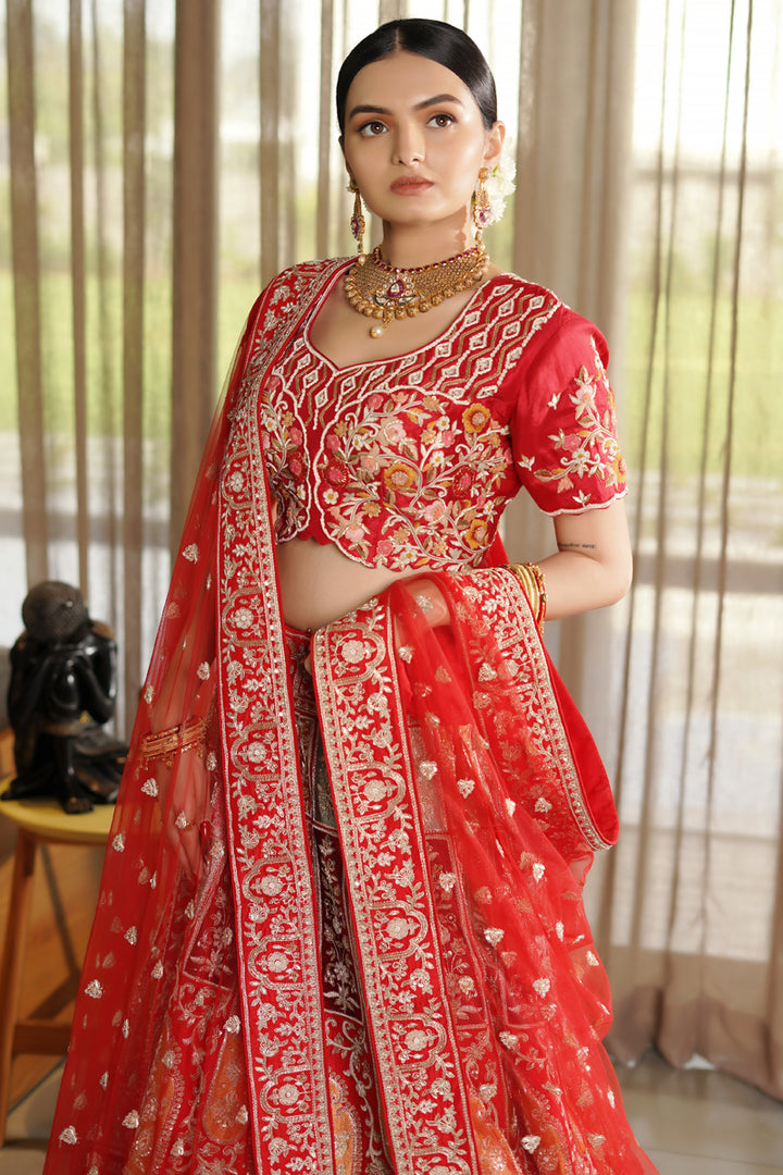 Engaging Red Color Raw Silk Fabric Designer Bridal Look Lehenga Choli With Sabya Style Blouse