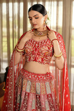 Load image into Gallery viewer, Engaging Red Color Raw Silk Fabric Designer Bridal Look Lehenga Choli With Sabya Style Blouse
