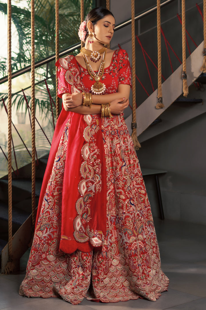 Red Color Captivating Heavy Embossed Embroidery Bridal Lehenga Choli