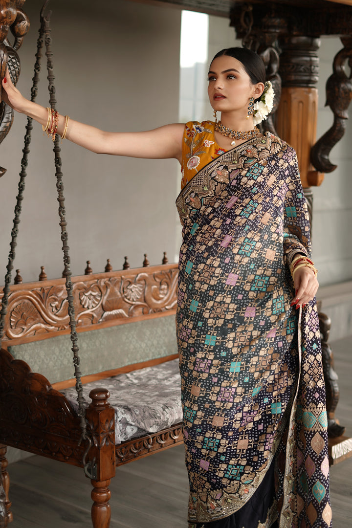 Fetching Black Color Designer Half And Half Bandhej Pure Saree With Fancy Short Sleeve Blouse