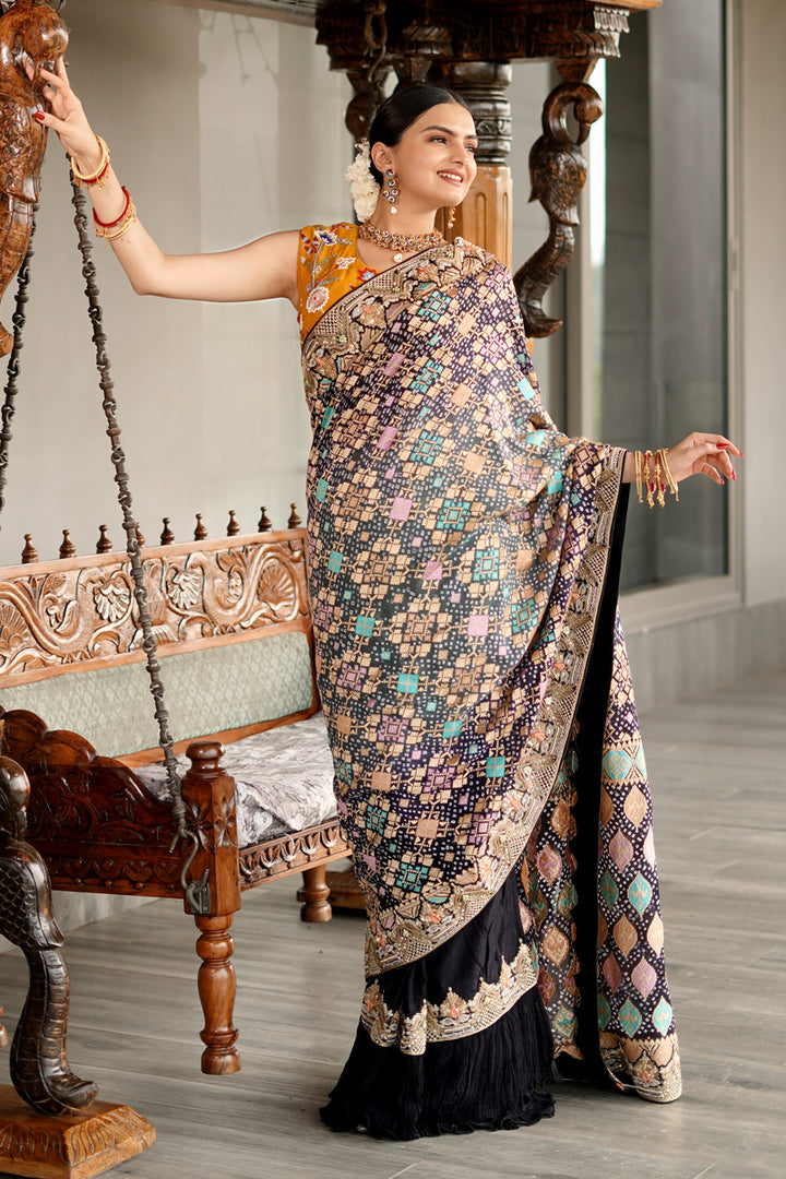 Fetching Black Color Designer Half And Half Bandhej Pure Saree With Fancy Short Sleeve Blouse