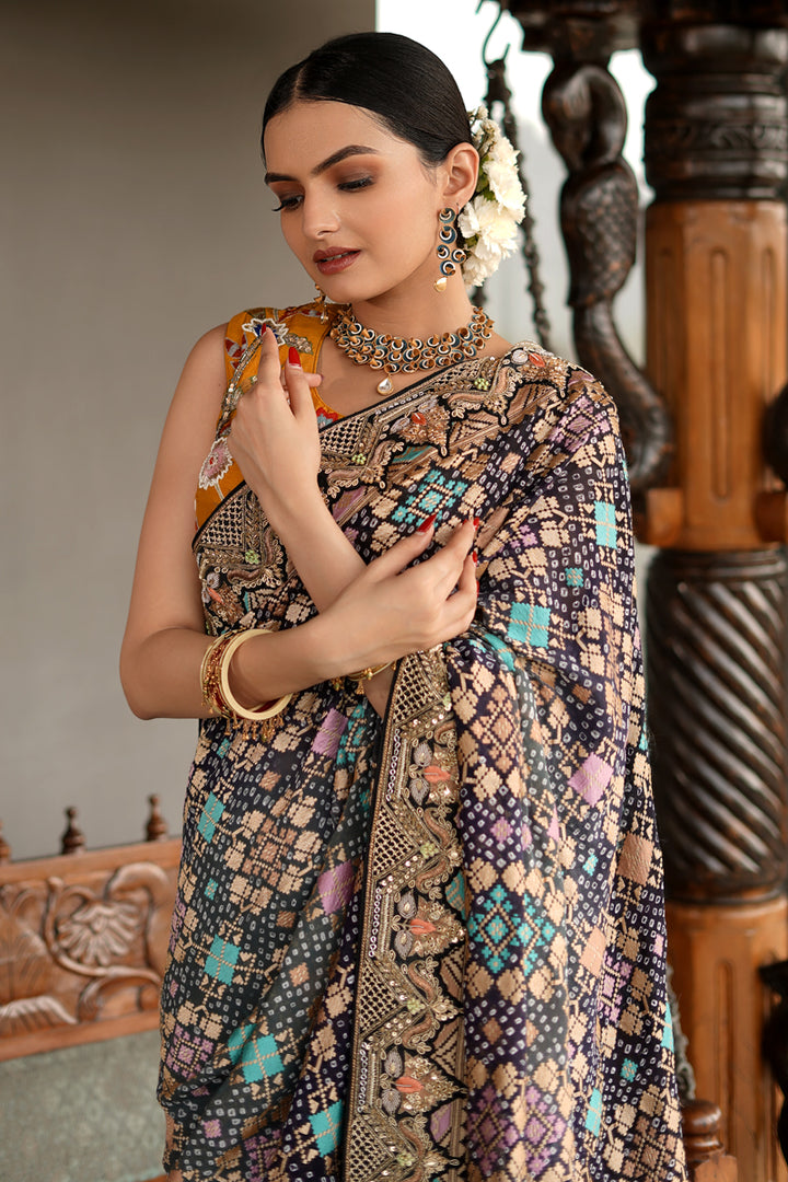 Fetching Black Color Designer Half And Half Bandhej Pure Saree With Fancy Short Sleeve Blouse