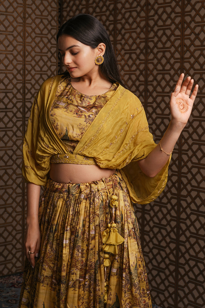 Appealing Mustard Color Hand Work Crop Top With Peacock Art Print Designer Skirt