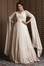 Load image into Gallery viewer, Off White Pure Georgette Designer Gown With Monotone Hand Work Sleeves
