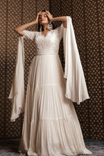 Load image into Gallery viewer, Off White Pure Georgette Designer Gown With Monotone Hand Work Sleeves
