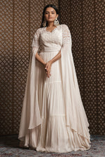 Load image into Gallery viewer, Off White Pure Georgette Designer Gown With Monotone Hand Work Sleeves
