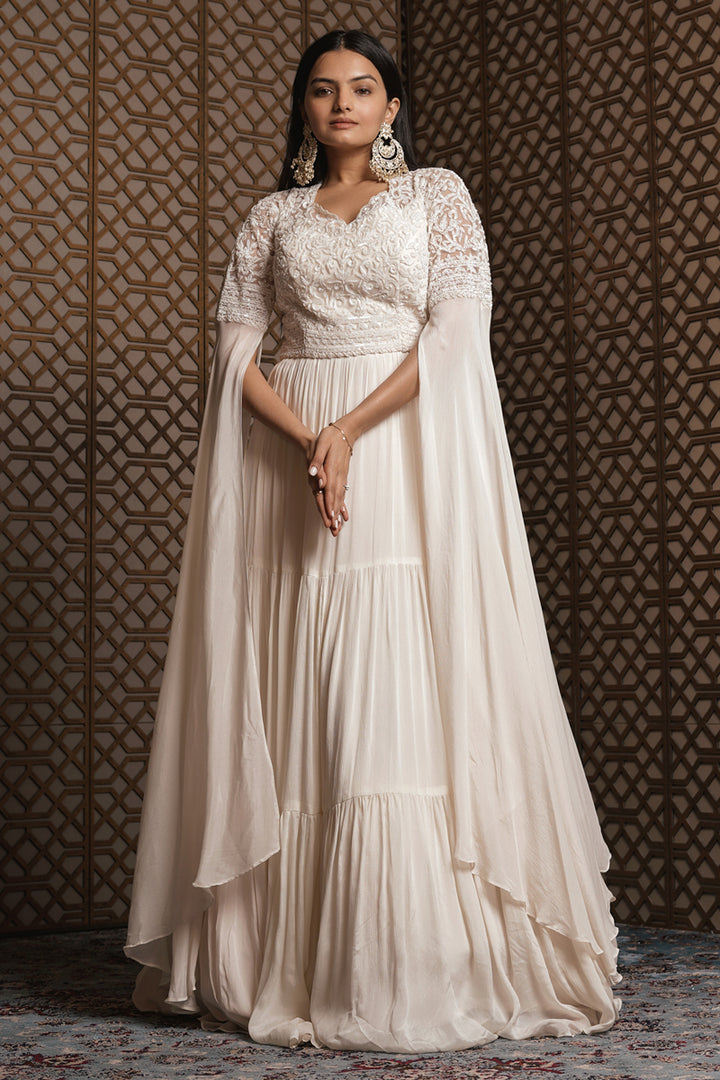 Off White Pure Georgette Designer Gown With Monotone Hand Work Sleeves