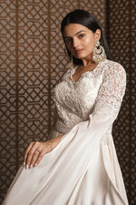 Load image into Gallery viewer, Off White Pure Georgette Designer Gown With Monotone Hand Work Sleeves
