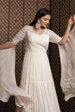 Load image into Gallery viewer, Off White Pure Georgette Designer Gown With Monotone Hand Work Sleeves
