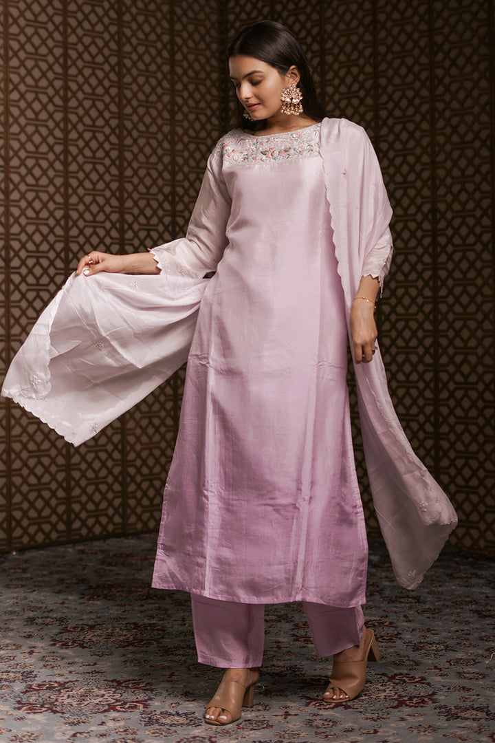 Lavender Pure Dola Silk Handwork On Yok Readymade Suit With Organza Scallop Dupatta