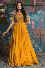 Load image into Gallery viewer, Lavishing Yellow Chinon Fabric Readymade Gown With Mirror Work On Sleeves
