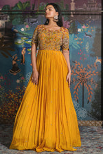 Load image into Gallery viewer, Lavishing Yellow Chinon Fabric Readymade Gown With Mirror Work On Sleeves
