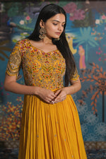 Load image into Gallery viewer, Lavishing Yellow Chinon Fabric Readymade Gown With Mirror Work On Sleeves
