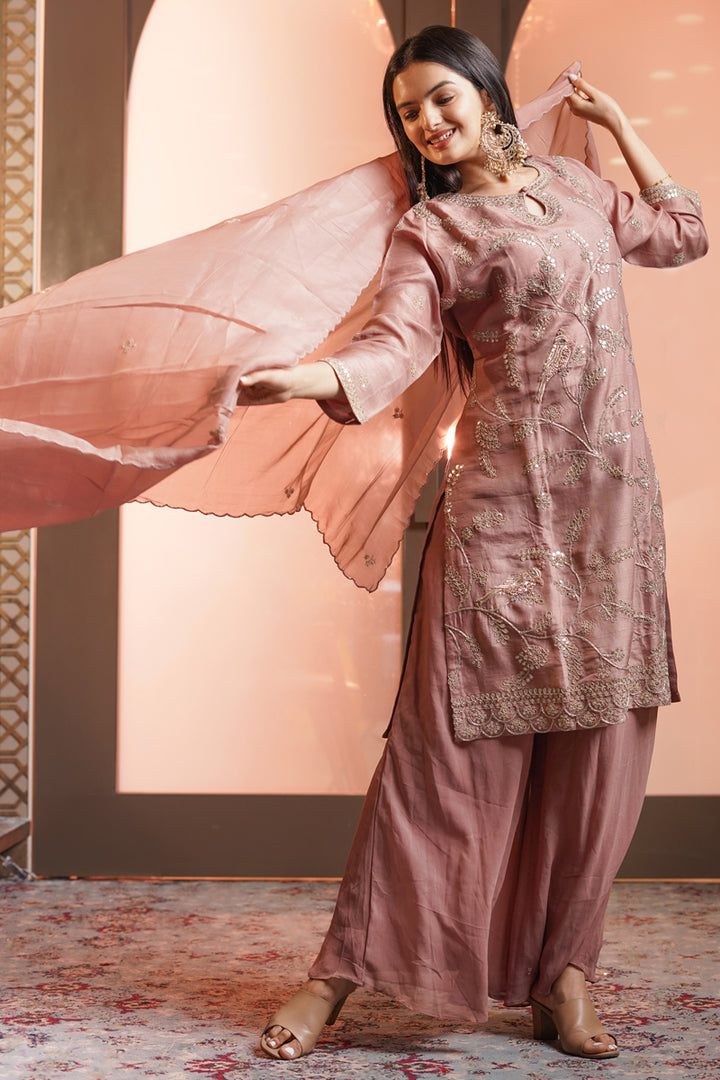 Peach Heavy Gota Patti And Zardosi Hand Work Readymade Palazzo Suit With Organza Scallop Dupatta