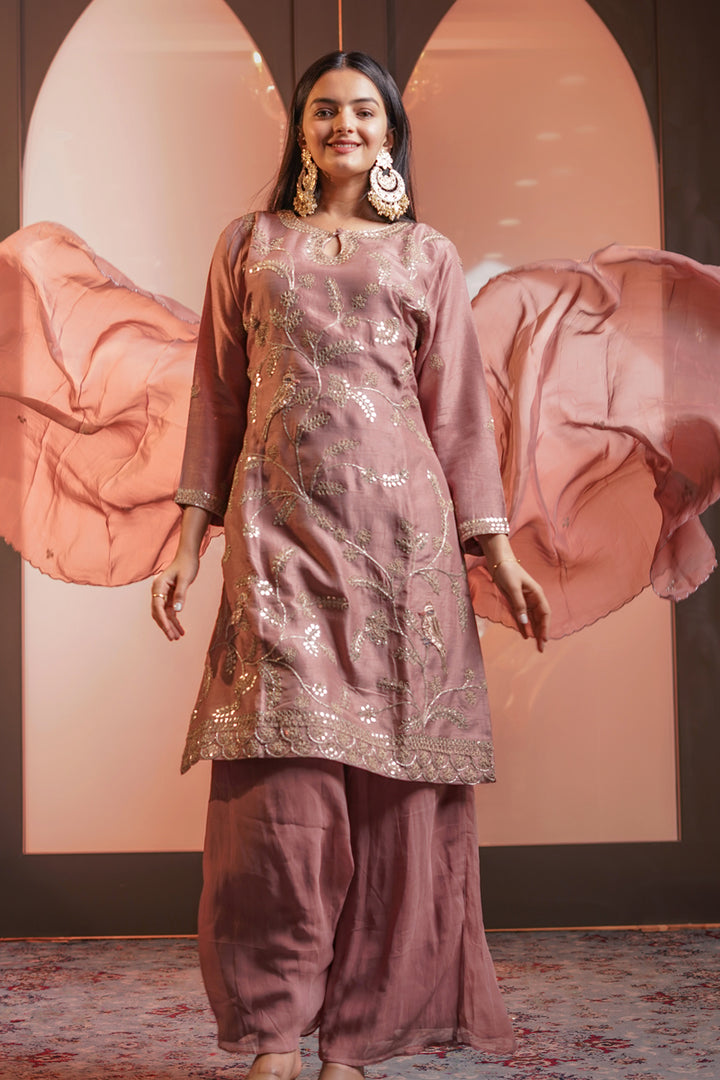 Peach Heavy Gota Patti And Zardosi Hand Work Readymade Palazzo Suit With Organza Scallop Dupatta