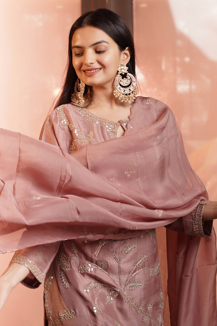 Peach Heavy Gota Patti And Zardosi Hand Work Readymade Palazzo Suit With Organza Scallop Dupatta