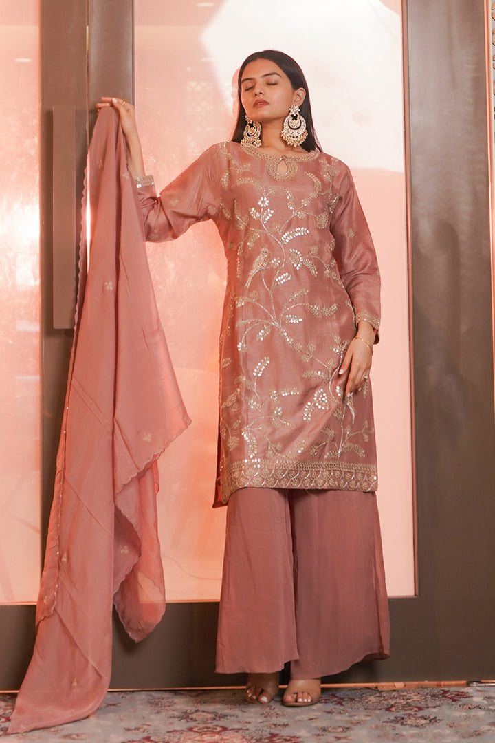 Peach Heavy Gota Patti And Zardosi Hand Work Readymade Palazzo Suit With Organza Scallop Dupatta