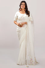 Load image into Gallery viewer, Off White Color Pearl And Sequence Work Saree With Readymade Blouse
