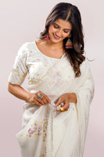 Load image into Gallery viewer, Off White Color Pearl And Sequence Work Saree With Readymade Blouse
