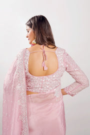 Powder Pink Color Organza Hand Work Saree With Long Sleeves Readymade Blouse