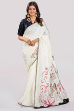 Load image into Gallery viewer, Pure Dola Silk Hand Print Pallu Saree With Stand Neck Collar Blouse
