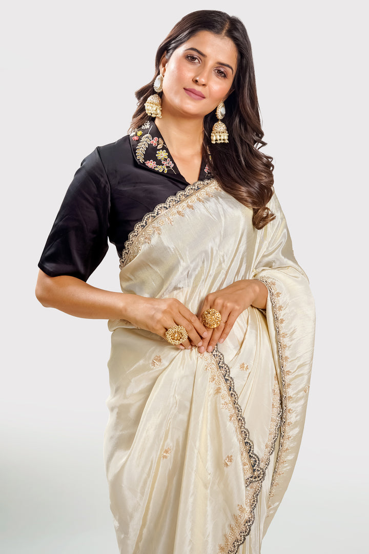 Pure Tusser Tissue Jardoshi Border Work Saree With Contrast Blouse