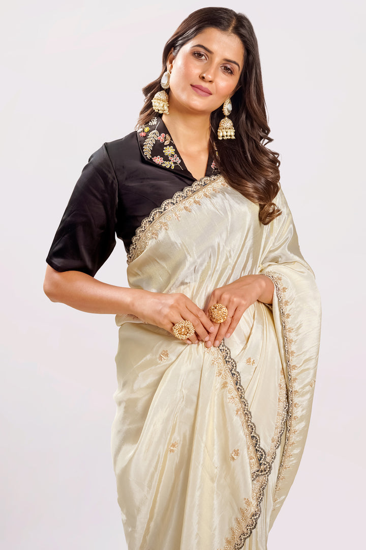 Pure Tusser Tissue Jardoshi Border Work Saree With Contrast Blouse