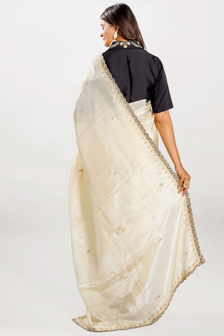 Pure Tusser Tissue Jardoshi Border Work Saree With Contrast Blouse