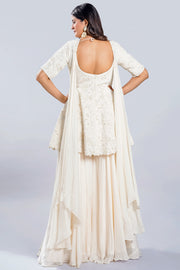 Pure Silk Pearl Work Peplum Style Sharara Suit With Bow Neck Duppata