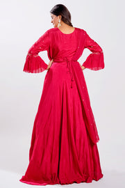 Cheery Red Color Hand Work Floor Length Readymade Gown