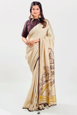 Load image into Gallery viewer, Dola Silk Hand Paint And High Lighting Hand Work Saree With High Neck Stitched Blouse
