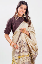 Load image into Gallery viewer, Dola Silk Hand Paint And High Lighting Hand Work Saree With High Neck Stitched Blouse
