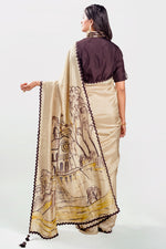 Load image into Gallery viewer, Dola Silk Hand Paint And High Lighting Hand Work Saree With High Neck Stitched Blouse
