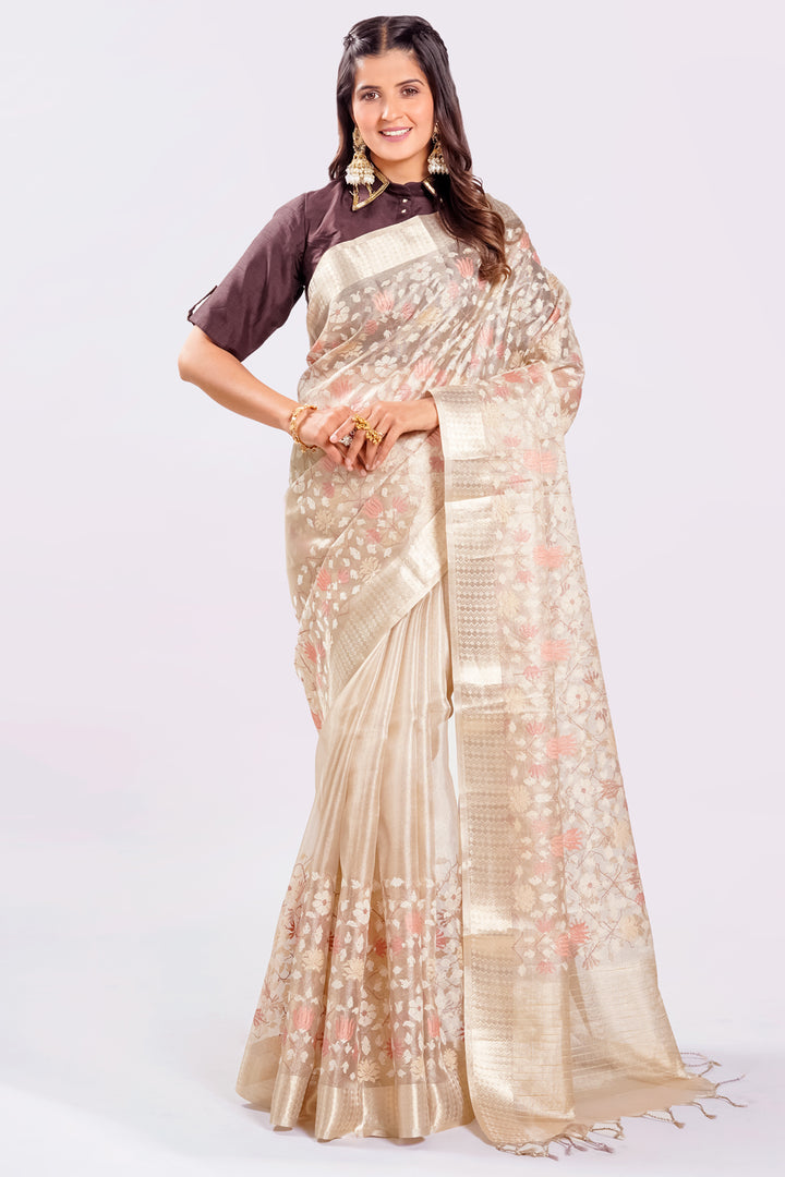 Beige Color Tissue Fabric Resham Work All Over Readymade Saree