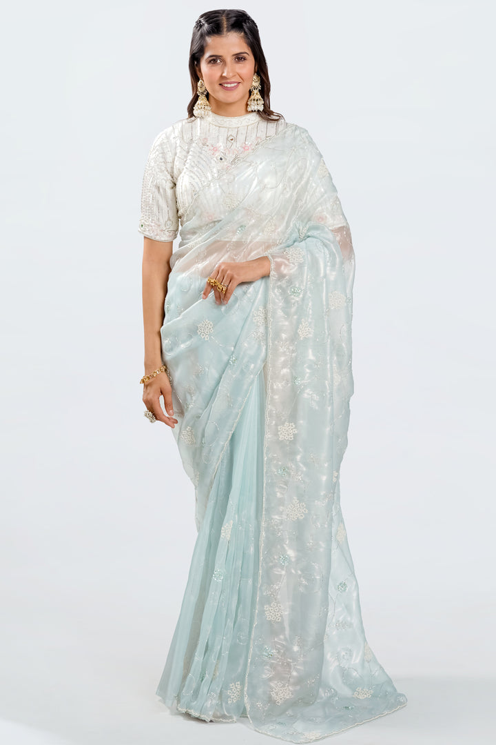 Passtle Blue Organza Fabric Pearl And Sequence Work Saree