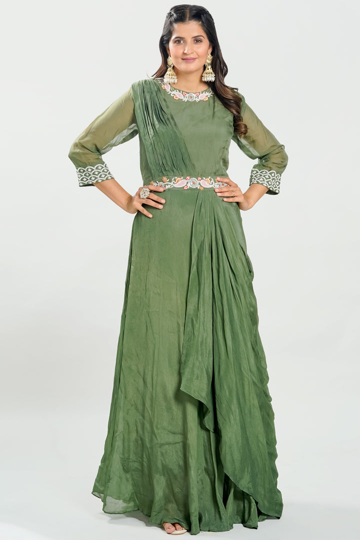 Mahendi Green Pearl Work Drape Style Readymade Gown