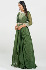 Load image into Gallery viewer, Mahendi Green Pearl Work Drape Style Readymade Gown
