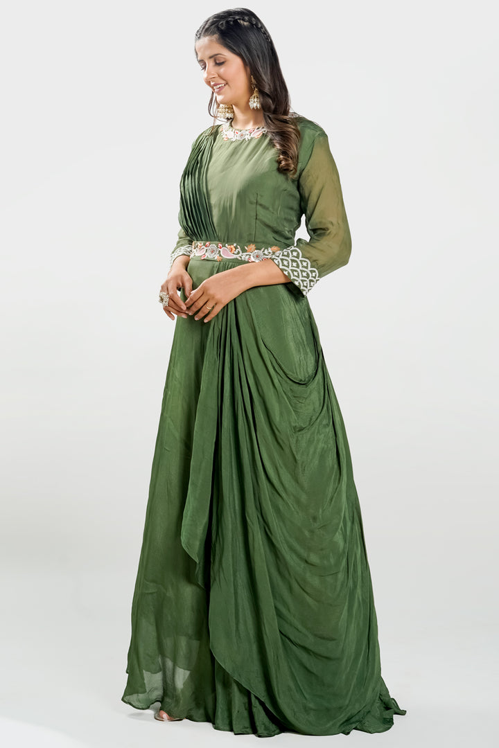 Mahendi Green Pearl Work Drape Style Readymade Gown