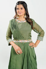 Load image into Gallery viewer, Mahendi Green Pearl Work Drape Style Readymade Gown
