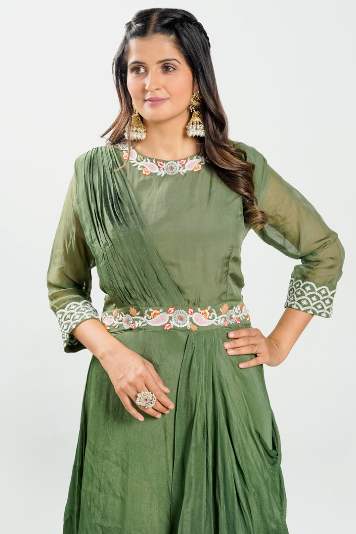 Mahendi Green Pearl Work Drape Style Readymade Gown