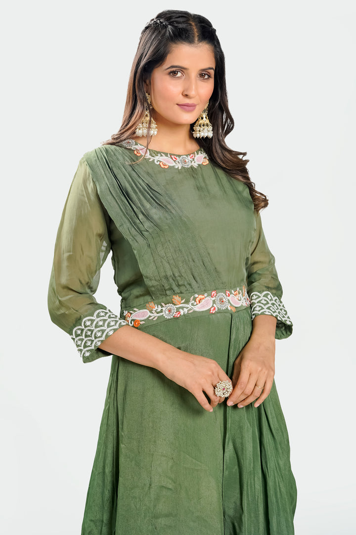 Mahendi Green Pearl Work Drape Style Readymade Gown