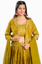 Load image into Gallery viewer, Olive Color Silk Fabric Hand Work Indo Western Lehenga With Jacket
