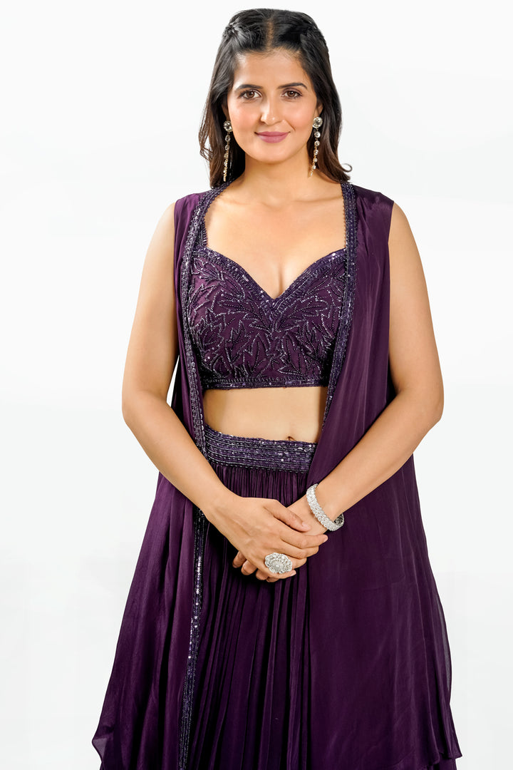 Purple Wine Color Sequence Work Indo Western Lehenga