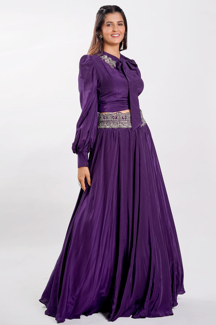 Purple Color Long Ballon Sleeves Lehenga With Crop Top