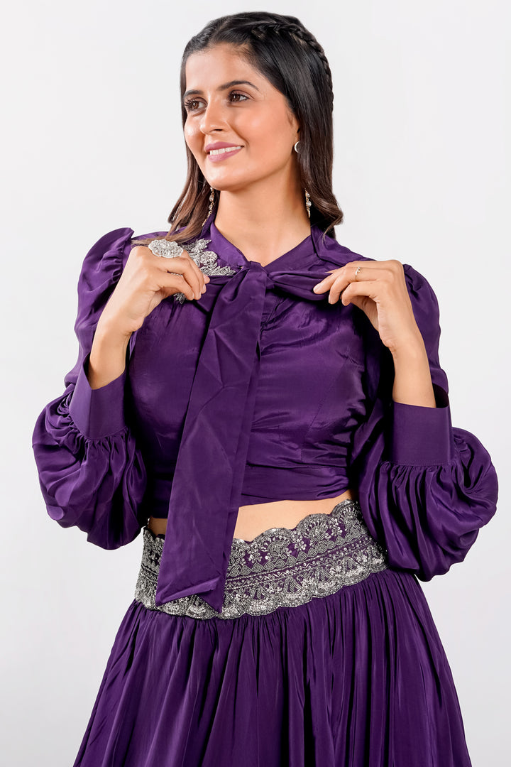 Purple Color Long Ballon Sleeves Lehenga With Crop Top